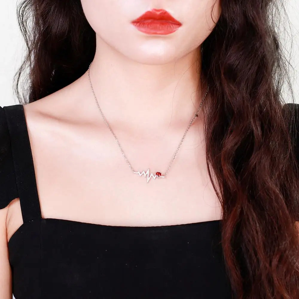 GEM'S BALLET 58514K 10K 18K Gold 925 Silver Necklace Natural Red Garnet Heartbeat Love Pendant Necklace for Women Wedding