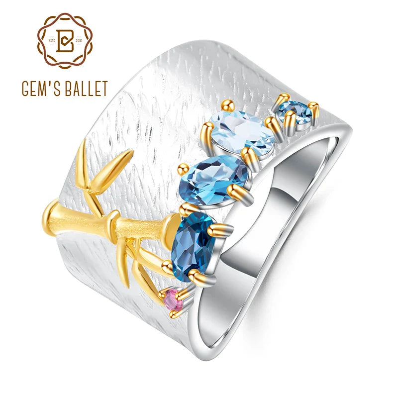 GEM'S BALLET Natural Creative Blue Topaz Gemstone Ring 925 Sterling Silver Handmade Bamboo Finger Rings for Women Fine Jewelry
