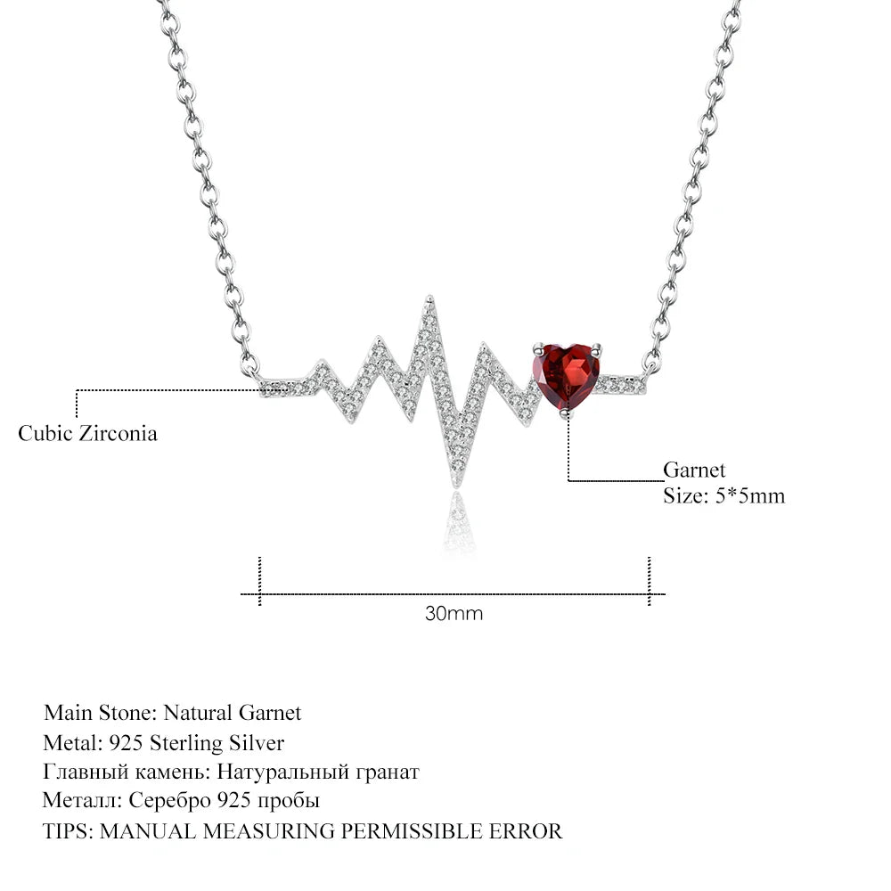 GEM'S BALLET 58514K 10K 18K Gold 925 Silver Necklace Natural Red Garnet Heartbeat Love Pendant Necklace for Women Wedding