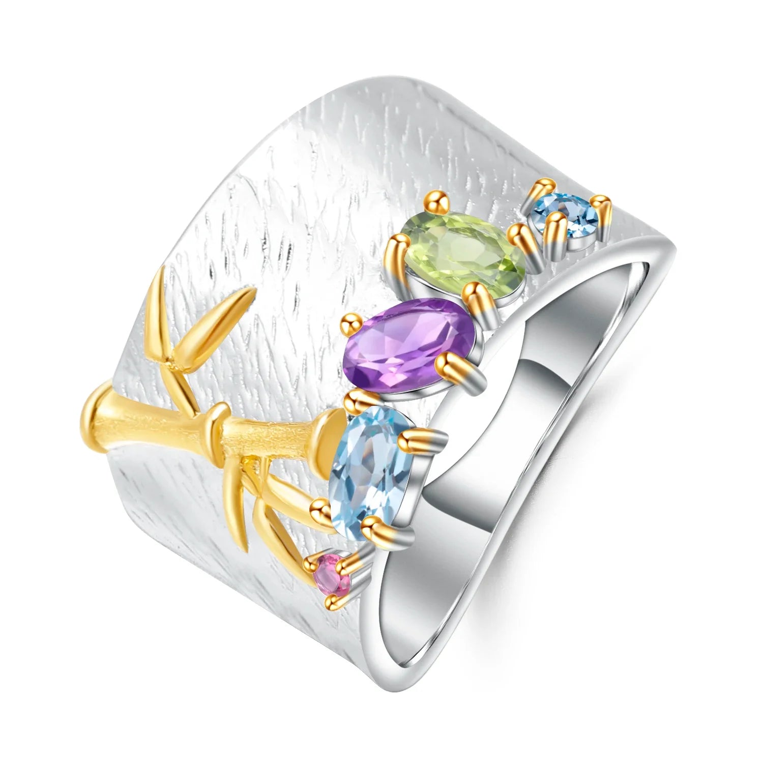GEM'S BALLET Natural Creative Blue Topaz Gemstone Ring 925 Sterling Silver Handmade Bamboo Finger Rings for Women Fine Jewelry